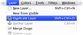 GIMP "Layer" menu with "Duplicate Layer&hellip;" option highlighted