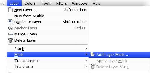 GIMP "Layer" &rarr; "Mask" &rarr; "Add Layer Mask" menu option