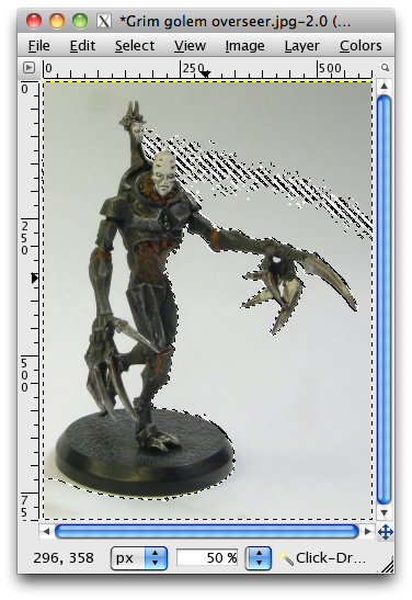 GIMP window with grim golem overseer, part of backdrop selected