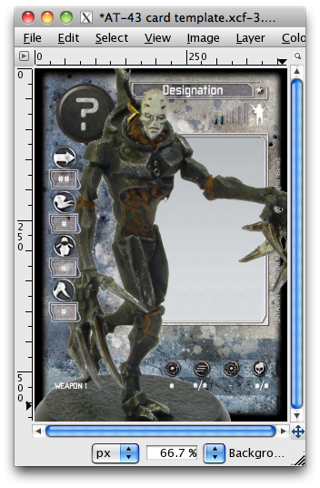 GIMP window with grim golem overseer on card template